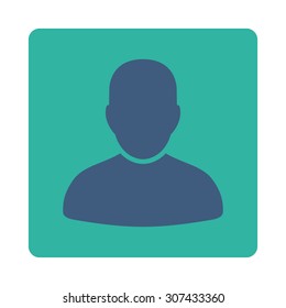 Customer vector icon. This flat rounded square button uses cobalt and cyan colors and isolated on a white background.