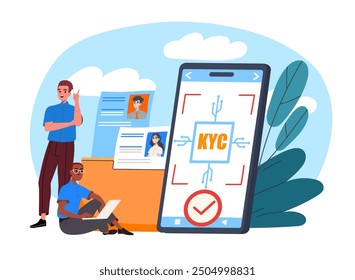 Customer verification concept. Know your client system at smartphone. Promotion on Internet and social networks. Identification and analysis. Flat vector illustration isolated on white background