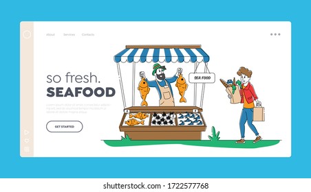 Customer Visit Outdoor Farm Marketplace Landing Page Template. Woman Buyer Stand at Desk with Farmer Sea Food Production on City Market. Purchaser Character Buy Food. Linear People Vector Illustration
