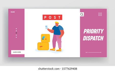 Landing Page von Kunden, die Postamt besuchen. Männlicher Charakter, der eine Recipe in Hand für den Empfang oder Versand von Paket Stand in Heap of Carton Boxen Webseite Banner Cartoon flache Vektorgrafik