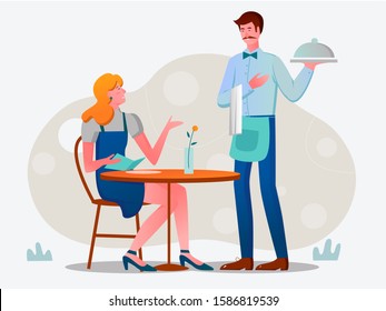 Customer and waiter in cafe vector illustration. Male and female cartoon characters at fancy diner in flat style. Man serving dish to woman in luxury restaurant. Caucasian girl having lunch