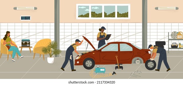 Customer Waiting For Her Car In Auto Mechanic Shop. Car Repair Service Cartoon Vector Illustration. Mechanic Engineer Fix Broken Car And Change Tires And Oil. Vehicle Maintenance Station