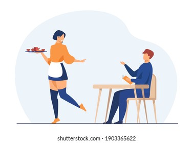 Customer and waitress in coffee shop. Man making order in cafe. Flat vector illustration. Restaurant, dining, catering, service concept for banner, website design or landing web page
