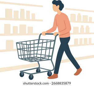 Un Cliente camina por los estantes de las tiendas mientras guía un Carrito de alambre, que representa los recados cotidianos y la vida minorista.