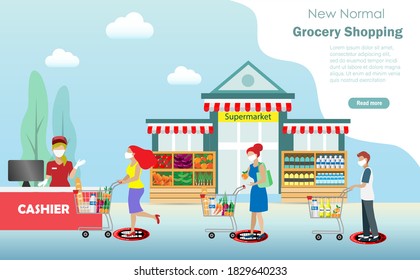 Customer wearing face mask queue for payment at cashier with shopping cart full of grocery foods. Idea for new normal, social distancing in supermarket, retail store during COVID-19 pandemic.