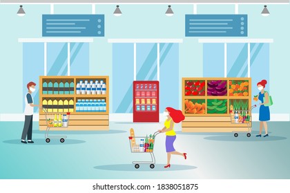 Customer wearing face mask with shopping cart buying grocery foods in supermarket. Idea for new normal, social distancing in public area, retail store during COVID-19 pandemic.