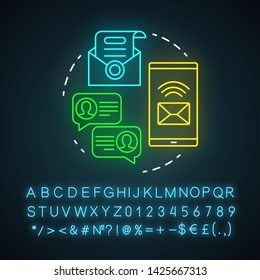 Customer welcome emails neon light icon. Greeting message. Email marketing. Emails sending. Communication, mass mailing. Glowing sign with alphabet, numbers and symbols. Vector isolated illustration