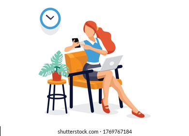 Customer woman marks a form to test the experience. Women test people on a form with characters and marks for filling woman check customer survey check fill. Character cartoon concept isometric Vector