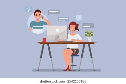 Cliente mujer Representante de servicio ayudando a un cliente por teléfono o a través de chat diseño de Ilustración vectorial de personajes. Concepto de interacción de Servicio al cliente.