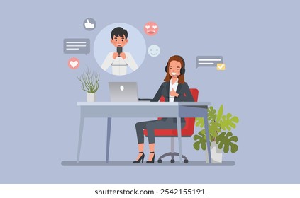 customer woman service representative assisting a client over the phone or via chat character vector illustration design. Customer Service Interaction concept.