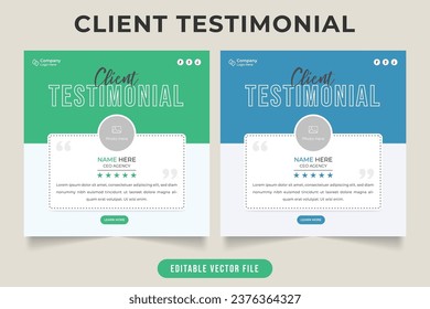 Revisión del trabajo del cliente y vector de sección de comillas con colores verde y azul. Diseño de testimonios de clientes y diseño de comentarios para empresas. Plantilla de satisfacción del cliente y calificación de trabajo.