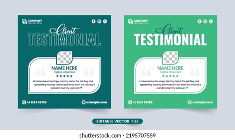 Customer work review section and testimonial vector with creative shapes. Client testimonials and feedback sections are designed with green backgrounds. Customer service feedback layout vector.