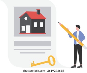 Customer writing signature on paper contract and receiving home key, Agreement to sign the purchase contract concept.

