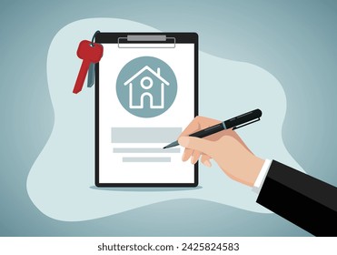 Customer writing signing signature on paper contract and receive home key, Agreement to sign the purchase contract concept.