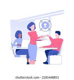 Customer-oriented company isolated concept vector illustration. Smiling secretary serves coffee to the clients of the company, business etiquette, corporate culture vector concept.