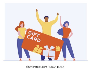 Customers advertising gift card. People presenting store voucher flat vector illustration. Shopping, loyalty program, bonus concept for banner, website design or landing web page