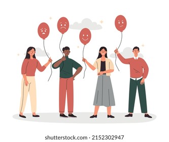 Customers with air balloons. Companys clients express their opinion, feedback and evaluation of product or service. People show their emotions and opinion about goods. Cartoon flat vector illustration