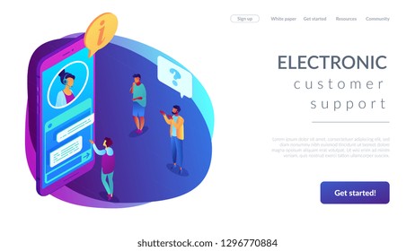 Customers asking for information electronic support in mobile phone. Customer self-service, e-support system, electronic customer support concept. Isometric 3D website app landing web page template