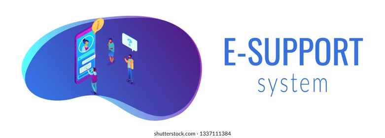 Kunden, die Informationen über den elektronischen Support im Mobiltelefon anfordern. Selbstbedienung des Kunden, E-Support-System, Konzept des elektronischen Kundendienstes. Isometrischer 3D-Banner-Kopfzeilen-Kopienraum.