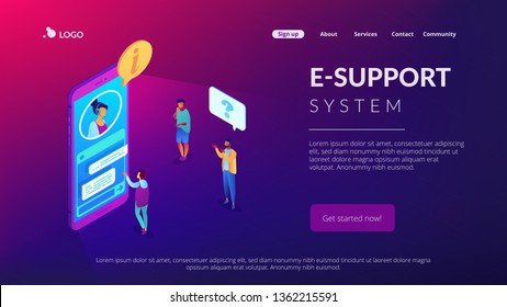 Customers asking for information electronic support in mobile phone. Customer self-service, e-support system, electronic customer support concept. Isometric 3D website app landing web page template