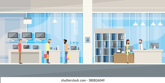 Customers with Assistant in Modern Electronics Store Shop Vector Illustration