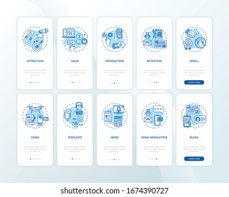 Customers attraction and retention onboarding mobile app page screen with concepts set. Content creation tips walkthrough 5 steps graphic instructions. UI vector template with RGB color illustrations