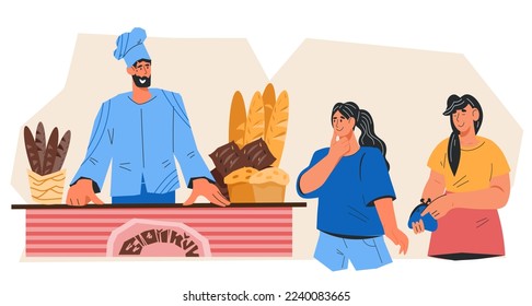 Customers in bakery shop or pastry choosing bread. Baker behind counter of bakery shop. Flat vector illustration isolated on white for topic of baking and selling bread.