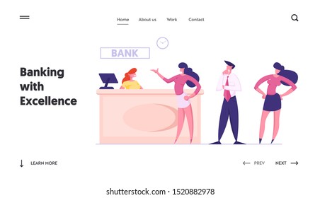 Customers at Bank Counter Website Landing Page. Business People Stand at Operator Desk Waiting Turn for Making Financial Operations and Consulting Web Page Banner. Cartoon Flat Vector Illustration