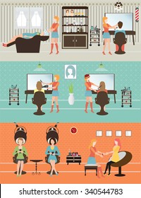 Customers in beauty salon with accessories about hair cut, people conceptual vector illustration.