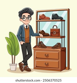 Customers are being shown a wide array of classic and athletic shoes by the salesperson inside the store. Pro Vector