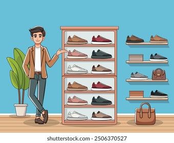 Customers are being shown a wide array of classic and athletic shoes by the salesperson inside the store. Pro Vector
