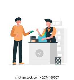 Customers buy in Line at Grocery or Supermarket with Goods on Cashier Desk for Paying. Purchases, Sale Consumerism, Flat Vector Illustration