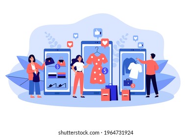 Customers buying goods in online shops. Young buyers using mobile devices with apps and smart phones. Flat vector illustration. Internet marketing, E-commerce, sale concept