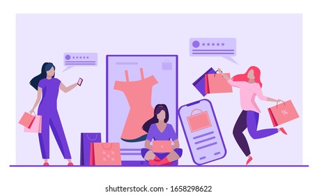 Customers buying goods online. Women with shopping bags and phones leaving feedback flat vector illustration. Satisfaction, rating, consumerism concept for banner, website design or landing web page