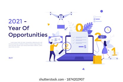 Customers Buying Goods Using Laptop Computer. Concept Of 2021 As Year Of Opportunities For Internet Shopping, Online Sales, Web Retail And Marketing. Modern Flat Vector Illustration For Webpage.