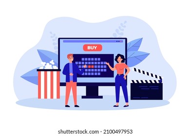 Customers buying movie tickets online. Booking seats in cinema theater by tiny man and woman flat vector illustration. Digital reservation, order concept for banner, website design or landing web page