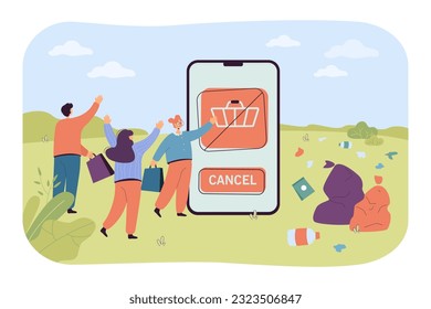 Clientes que cancelan compras en línea ilustraciones vectoriales. Dibujo de clientes con un teléfono enorme, basura en la hierba, impacto ambiental de los artículos que regresan. Compras en línea, moda, concepto de medio ambiente