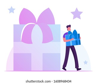 Concepto del Programa de Atención y Lealtad a los Clientes. Un Comprador lleva una caja de regalo envuelta en manos que se presenta en la tienda. Consumidor, Oferta Especial para Clientes, Venta Temporal. Ilustración de vectores planos