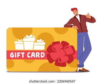 Customers Care and Loyalty Program Concept. Cheerful Man Buyer Stand near Huge Gift Card Showing Thumb Up. Consumerism, Special Offer for Clients, Seasonal Sale, Discount. Cartoon Vector Illustration