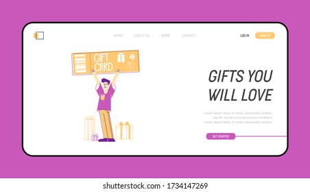 Plantilla de la página de inicio del programa de atención y fidelidad a los clientes. Carácter de hombre parado cerca de cajas de regalo con tarjeta de regalo en manos. Consumerismo, Oferta Especial para Clientes, Venta Temporal. Ilustración de vectores lineales