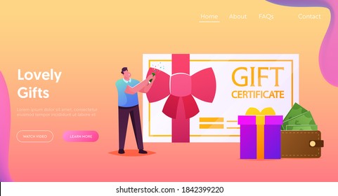 Customers Care and Loyalty Program Landing Page Template. Tiny Man Buyer Character at Huge Certificate, Gift Box and Wallet with Money Shooting Flapper. Consumerism, Offer. Cartoon Vector Illustration