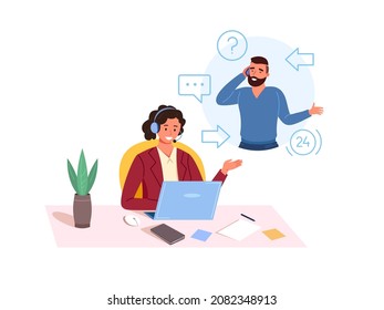 Los clientes cuidan a los trabajadores. Consultor del centro de llamadas hablando por teléfono con el cliente, servicio de atención al cliente, información de contacto, asistencia de ayudante de gerente, ilustración de icono vectorial. Cliente de llamada de operador