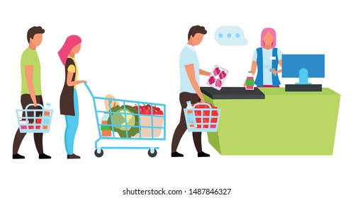 Customers at cash desk flat vector illustration. Shoppers and cashier in grocery store cartoon characters. Buyers with trolley and basket buying products. Consumers in supermarket making purchases