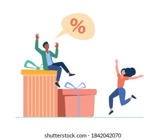 Customers celebrating discount season. Couple dancing at gift boxes, percent sign flat vector illustration. Sale, bonus, marketing concept for banner, website design or landing web page
