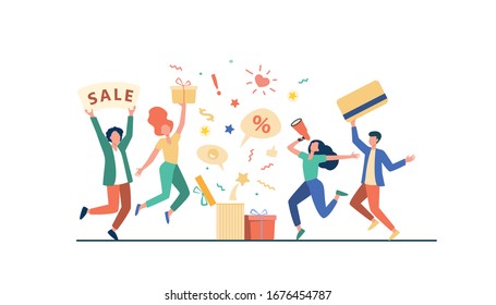 Customers celebrating sale. People holding gift, credit card, loudspeaker, dancing, having fun. Vector illustration for loyalty program, promotion, customer reward concept