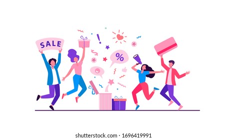 Customers celebrating sale. People holding gift, credit card, loudspeaker, dancing and having fun. Vector illustration for loyalty promotion program. Customer reward concept