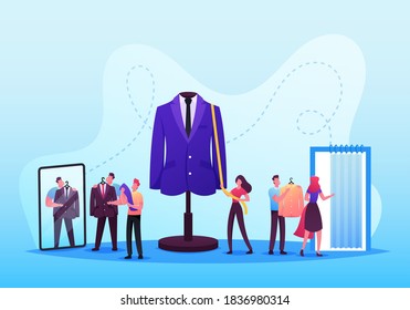 Customers Characters Fitting Clothes in Tailoring Atelier. Dressmaker or Tailor Measuring Mannequin with Tape. Clothing Designer Work, Sewer or Garment Designer. Cartoon People Vector Illustration