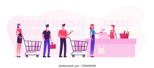 Customers Characters in Medical Masks Stand in Line at Supermarket with Goods in Shopping Trolleys Paying for Purchases at Cashier. Sale Consumerism, Queue in Store. Cartoon Vector People Illustration