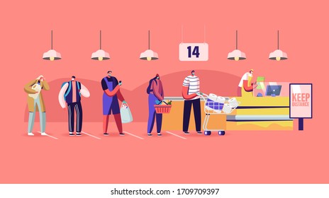 Customers Characters In Medical Masks Stand In Line At Grocery With Goods In Shopping Trolley Keeping Distance Put Buys On Cashier Desk During Covid19 Pandemic. Cartoon People Vector Illustration