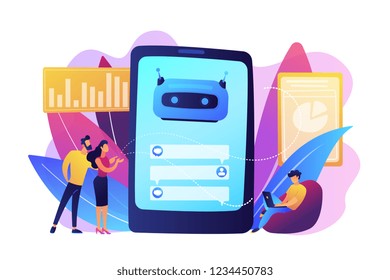 Customers chat with chatbot on smartphone screen with speech bubbles. Customer service chatbot, e-commerce chatbot, self-service experience concept. Bright vibrant violet vector isolated illustration